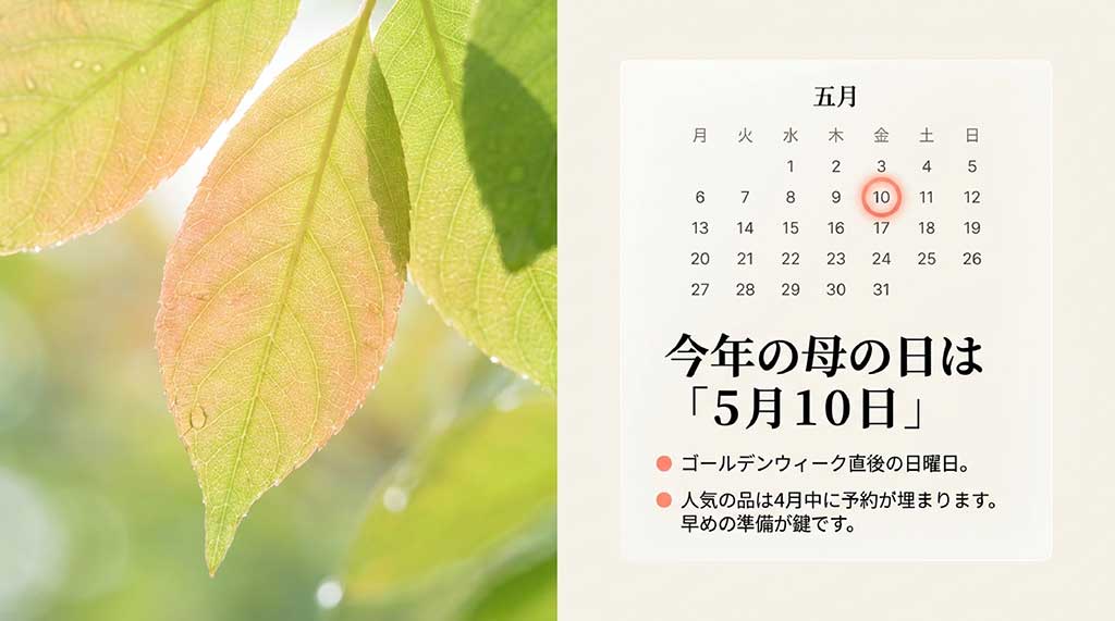 2026年5月のカレンダー。5月10日が母の日であることを示し、早めの準備を推奨する内容。
