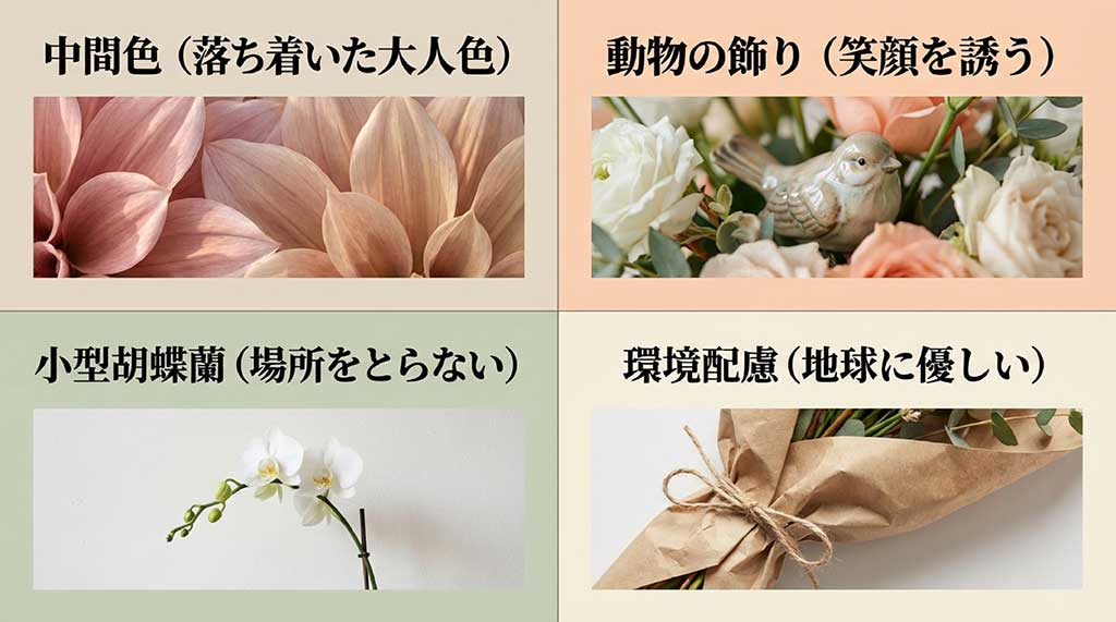 2026年の母の日のトレンドとして、中間色、動物の飾り、小型胡蝶蘭、環境配慮の4つのポイントを紹介するスライド