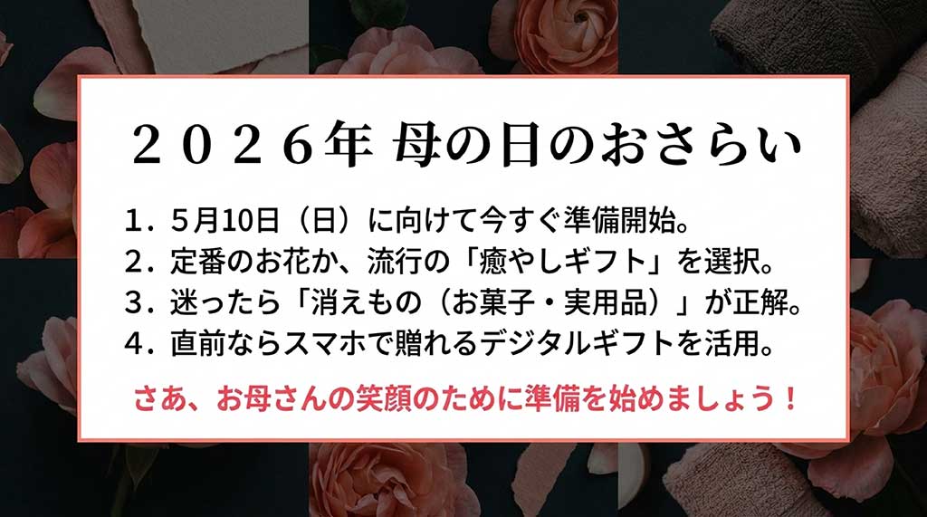 日程、お花、トレンド、デジタルギフトなど、2026年の母の日準備のチェックリスト