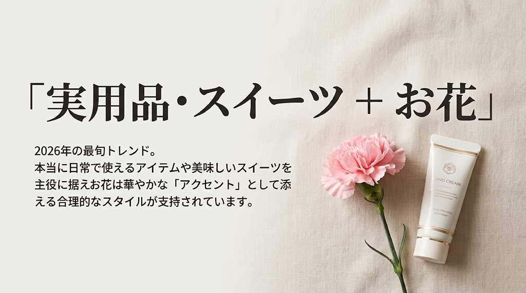 実用品やスイーツを主役に、お花をアクセントとして添える合理的なセットスタイルを説明するスライド