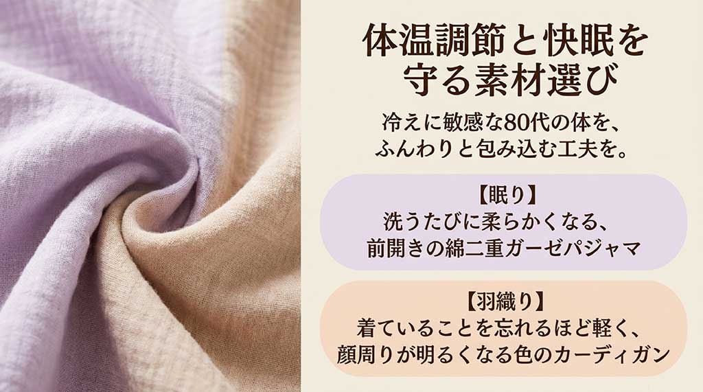 80代の体に優しい綿二重ガーゼパジャマと、着ていることを忘れるほど軽いカーディガンの紹介