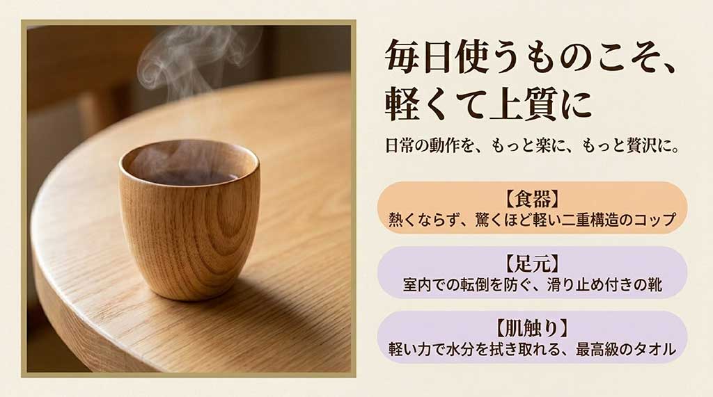 軽量な二重構造のコップ、滑り止め付きの靴、最高級タオルの紹介