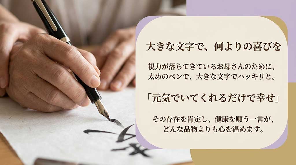 視力が落ちた母のために、大きな文字で健康を願う一言を添えるメッセージのコツ