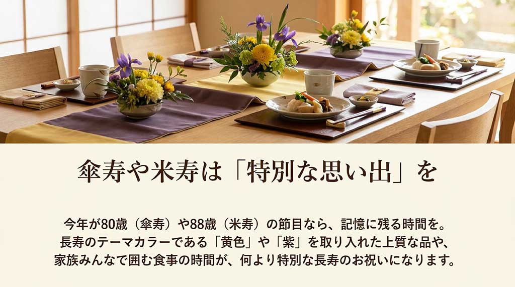 80歳（傘寿）や88歳（米寿）のテーマカラーである黄色や紫を取り入れた長寿祝いの提案