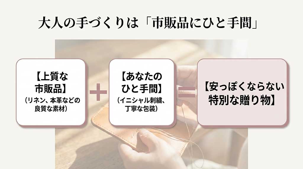 上質な市販品に自分なりの工夫を足して特別な贈り物にする「セミカスタマイズ」の図解