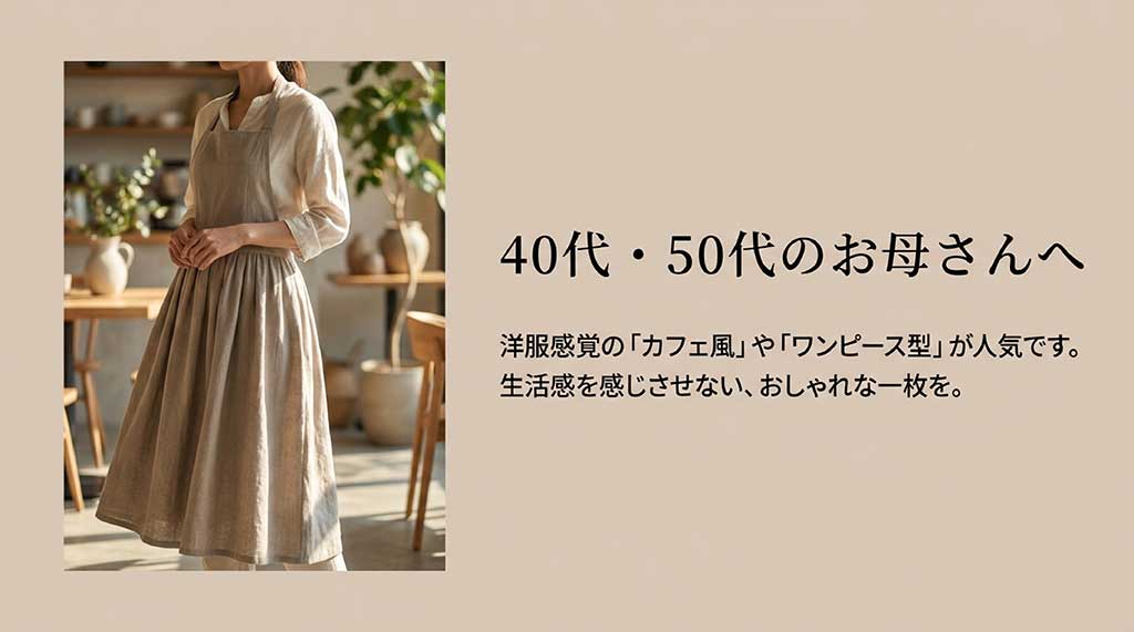 洋服感覚で着られるおしゃれなワンピース型エプロンの紹介スライド。「生活感を感じさせない一枚を」というメッセージ