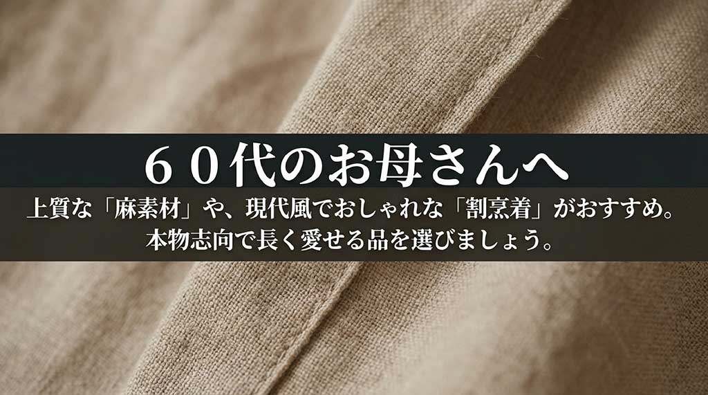 60代向けに麻素材やモダンな割烹着をすすめるスライド。「本物志向で長く愛せる品を」というテキスト