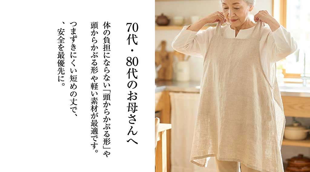 70代・80代向けに、体の負担が少ない「かぶり型」や「軽い素材」、転倒防止の「短い丈」を推奨するスライド