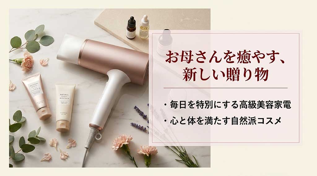 お母さんを癒やす新しい贈り物:高級美容家電と自然派コスメの提案スライド