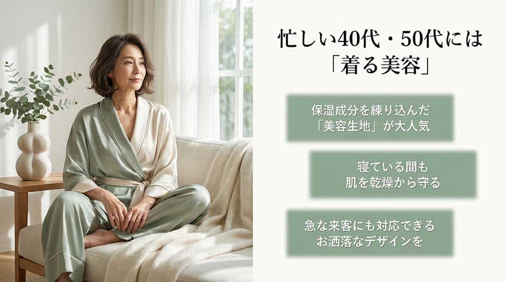 保湿成分を練り込んだ美容生地のメリットと、急な来客にも対応できるおしゃれなデザインを提案するスライド