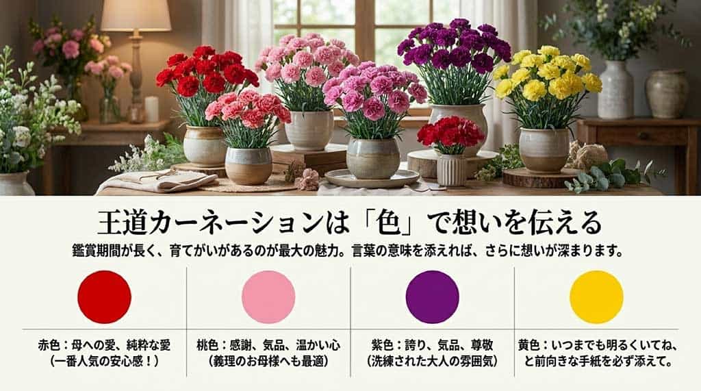 赤(母への愛)、ピンク(感謝)、紫(尊敬)、黄色(ポジティブな手紙を添えて)など、色別のカーネーションの花言葉と適性をまとめたスライド