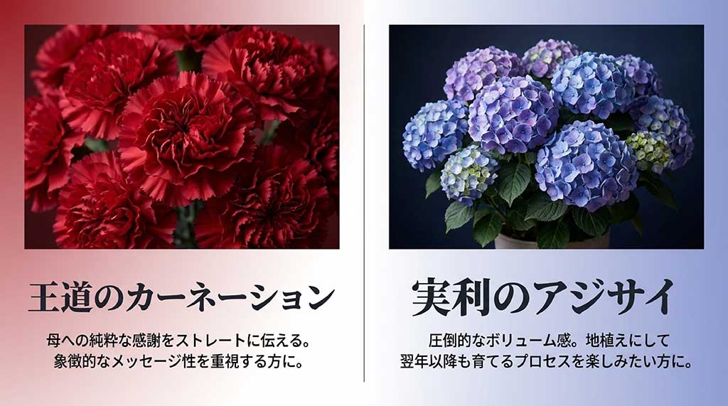 王道のカーネーション(感謝)と実利のアジサイ(ボリューム・翌年も育てる)の特徴を比較した図解スライド