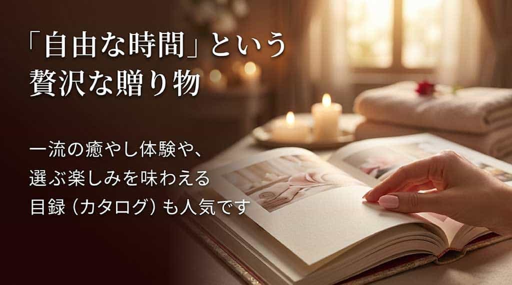 自由な時間を贈る贅沢:一流の癒やし体験や選ぶ楽しみがある目録ギフトの紹介スライド