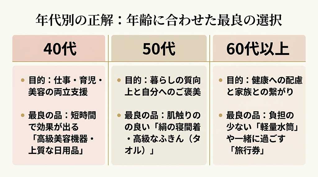 各年代の目的(美容、暮らしの質、健康)に合わせた最適なプレゼントを提案する比較図