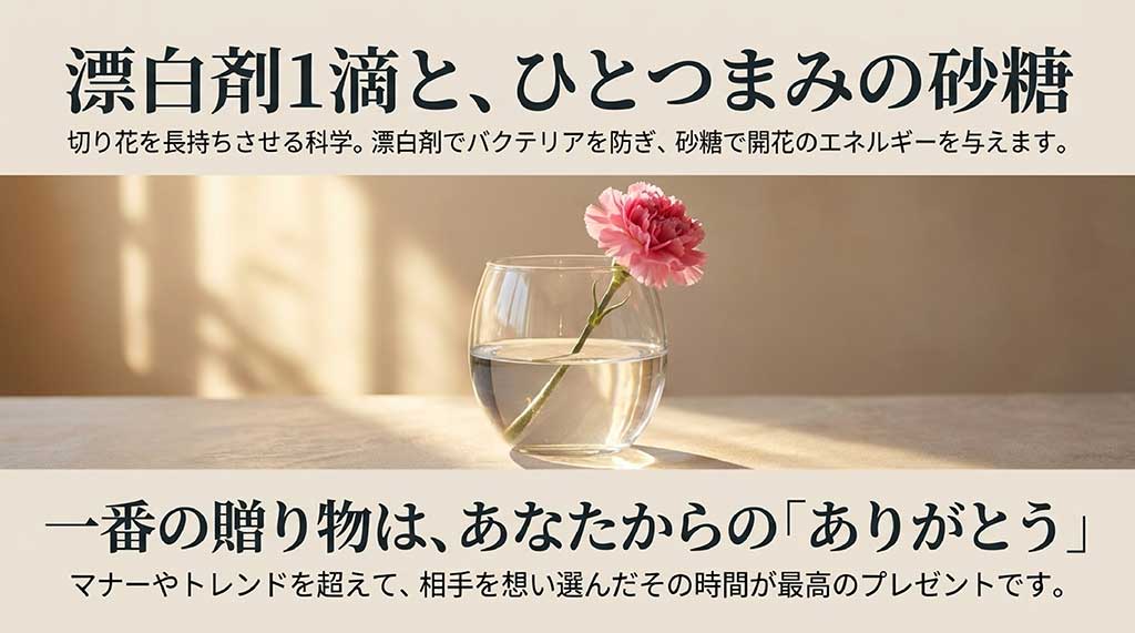 漂白剤1滴(除菌)と砂糖ひとつまみ(栄養)で切り花の鮮度を保つテクニックと、感謝のメッセージを伝えるスライド
