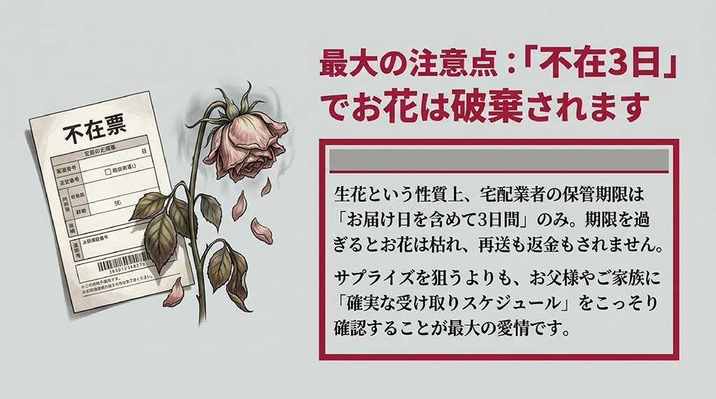 生花の保管期限は3日間であり、期限を過ぎると破棄されるリスクと事前確認の重要性を説くスライド