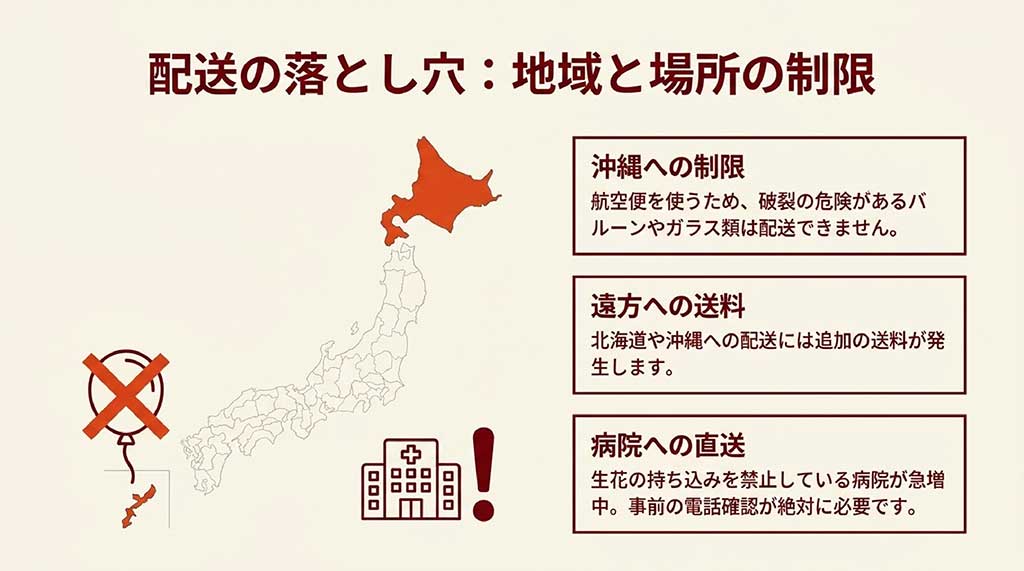 沖縄へのバルーン配送不可や、病院への生花持ち込み制限など、配送に関する注意点のまとめ