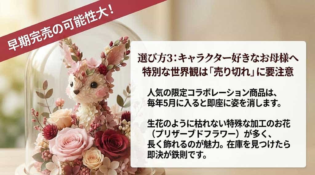 ディズニーやサンリオの限定コラボ商品は5月に入ると売り切れやすいため早めの注文を推奨する注意スライド