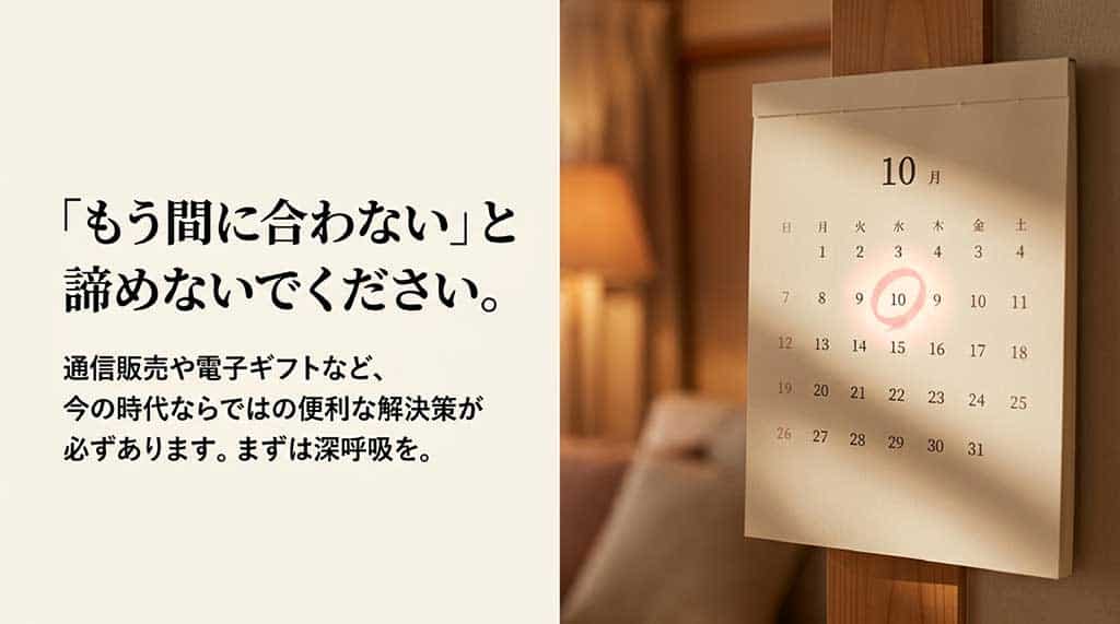 「もう間に合わない」と諦めないでください、というメッセージとカレンダーのイメージ