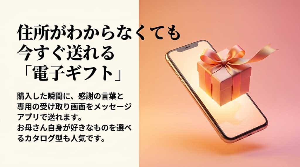 住所がわからなくても今すぐ送れる「電子ギフト」の紹介。カタログ型も人気である旨の解説