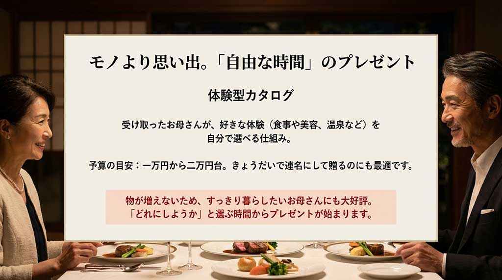 食事や温泉などお母さん自身が好きな体験を選べる、1万円から2万円台のカタログギフト