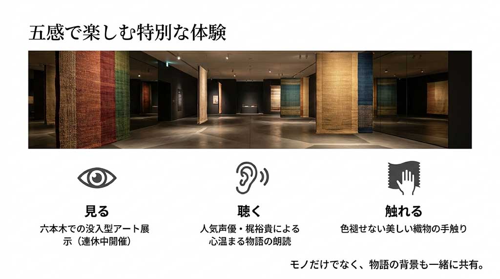 六本木での没入型アート展示。五感で楽しむ特別な体験として、声優・梶裕貴による朗読や美しい織物の手触りを楽しめる