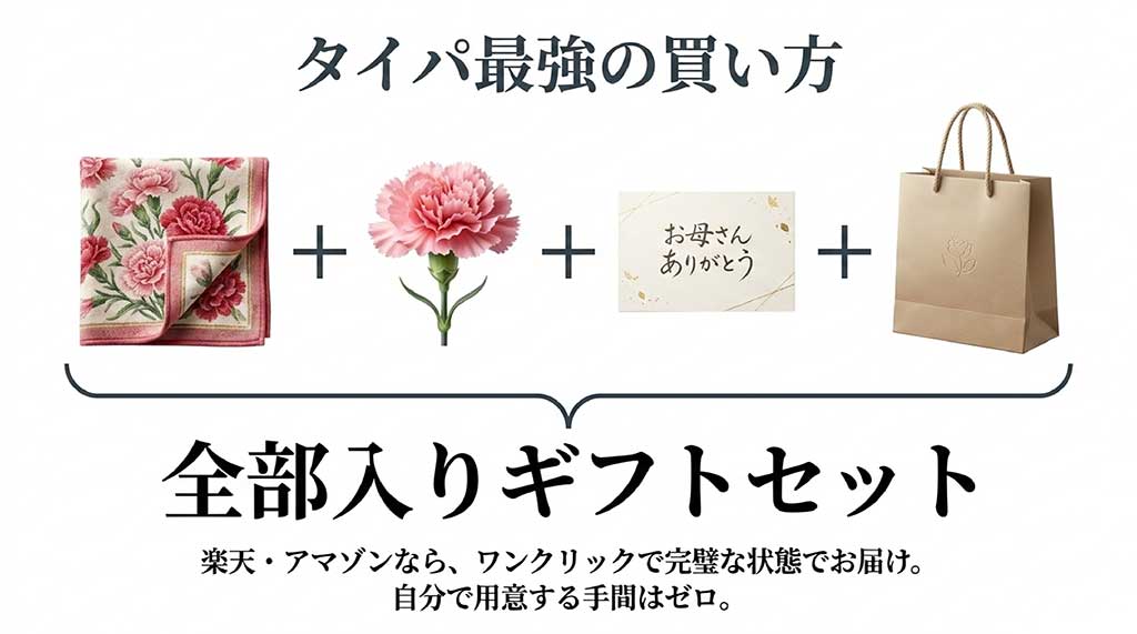 タイパ最強の買い方。ハンカチ、カーネーション、メッセージカード、ショッパーが全部入ったギフトセット