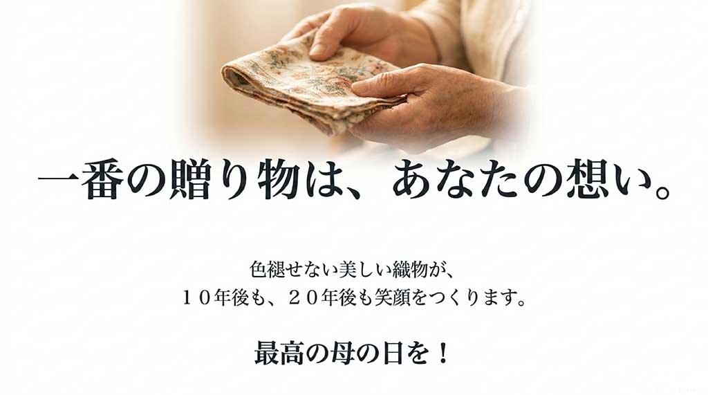 一番の贈り物はあなたの想い。色褪せない美しい織物が10年後も20年後も笑顔をつくります。最高の母の日を!