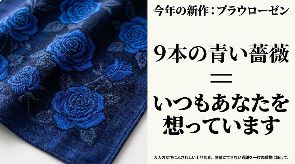 今年の新作ブラウローゼン。9本の青い薔薇には「いつもあなたを想っています」という花言葉が込められています