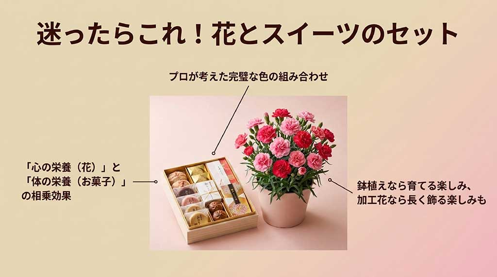 カーネーションの鉢植えと和菓子のギフトセット。プロが選んだ完璧な色合わせで、育てる楽しみと食べる楽しみを同時に贈れる定番ギフト