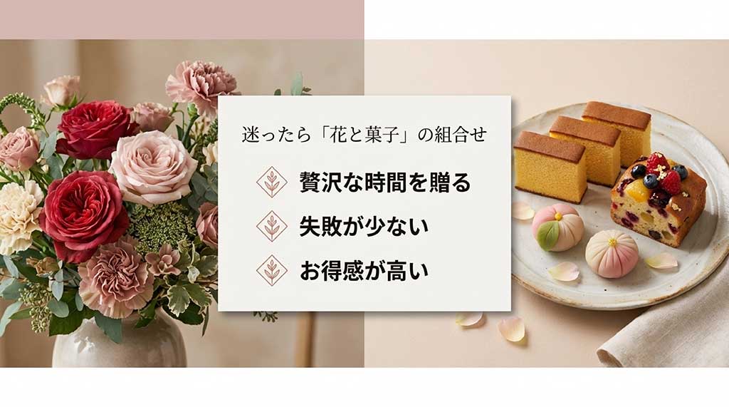 贅沢な時間の提供、失敗の少なさ、お得感など、花とスイーツをセットで贈るメリットを解説するスライド