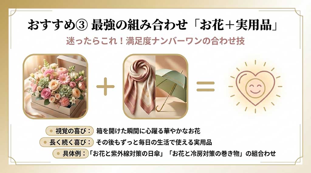 視覚的な喜びのお花と、日傘などの実用品を組み合わせたセットギフトのメリットを紹介するスライド