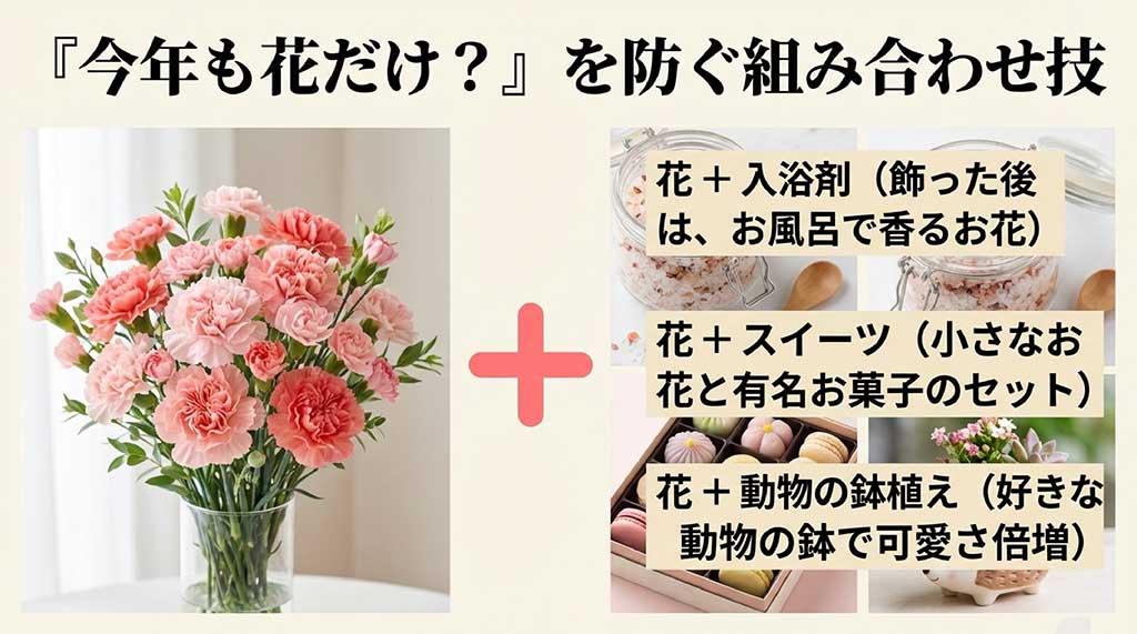 花と入浴剤、花とスイーツ、動物の鉢植えなど、母の日の定番「花」に一工夫加えた組み合わせギフトの紹介