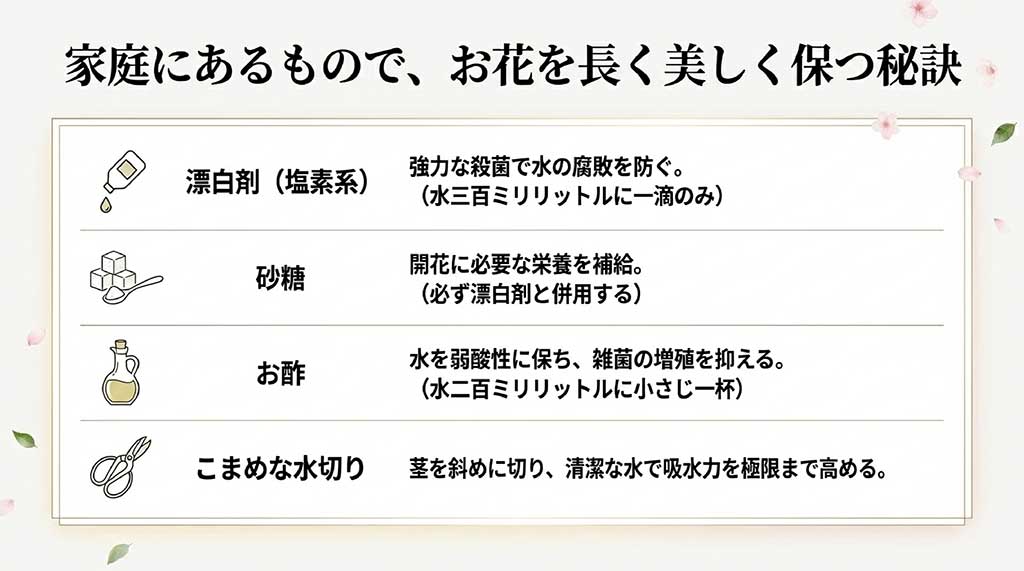 漂白剤、砂糖、お酢を使った殺菌や栄養補給、水切りの方法をまとめたお手入れ表
