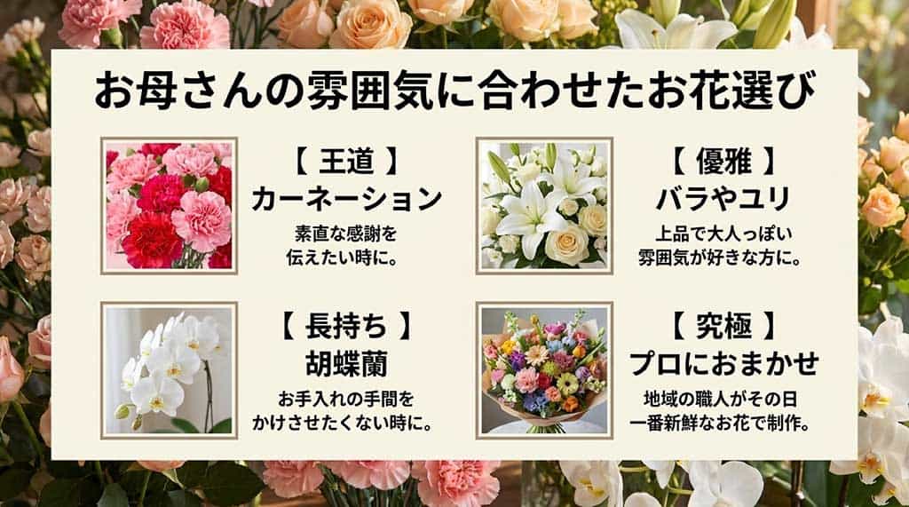 カーネーション(王道)、胡蝶蘭(長持ち)、バラ・ユリ(優雅)、プロにおまかせ(究極)の選び方