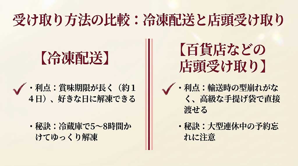 冷凍配送の賞味期限の長さと、百貨店店頭受け取りの型崩れ防止の利点を比較した図解