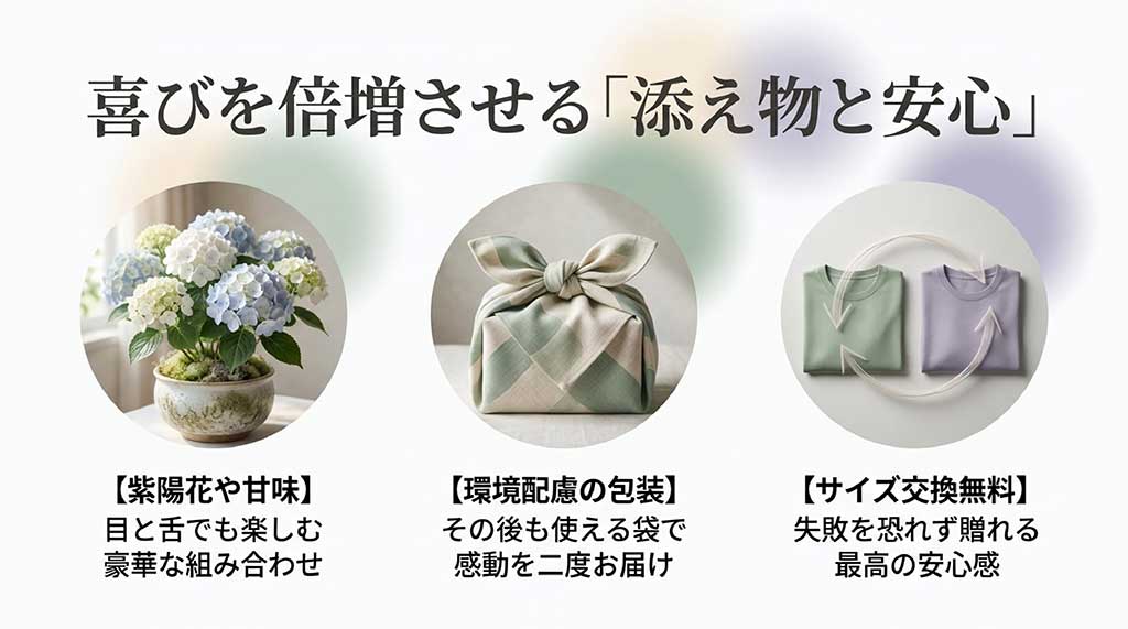 紫陽花・スイーツセット、環境配慮のサステナブル包装、サイズ交換無料サービスの3つを紹介するスライド