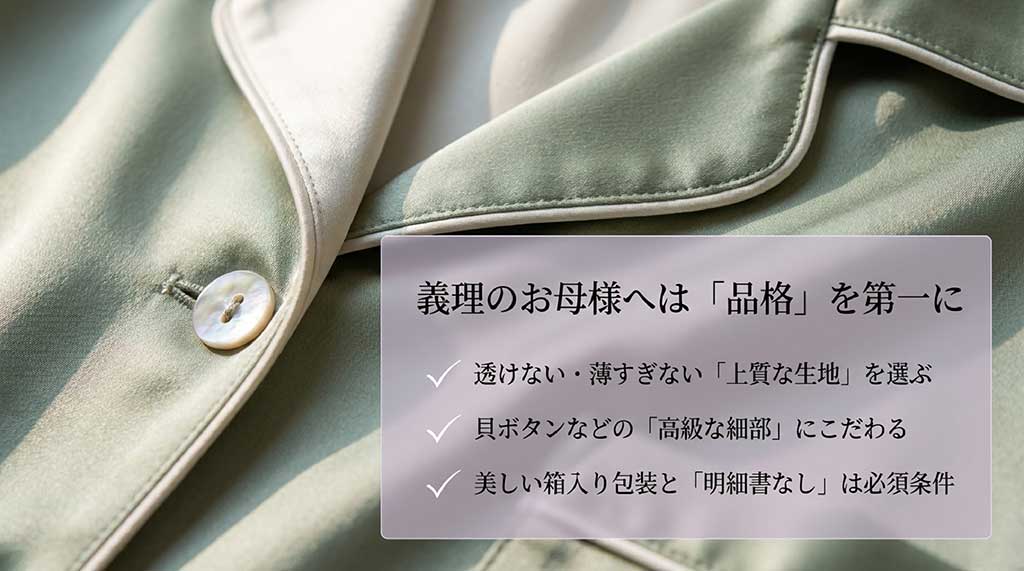 上質な生地選び、貝ボタンなどの細部、箱入り包装と明細書なしの徹底など、義母へのギフトで失敗しないための3条件を記したスライド