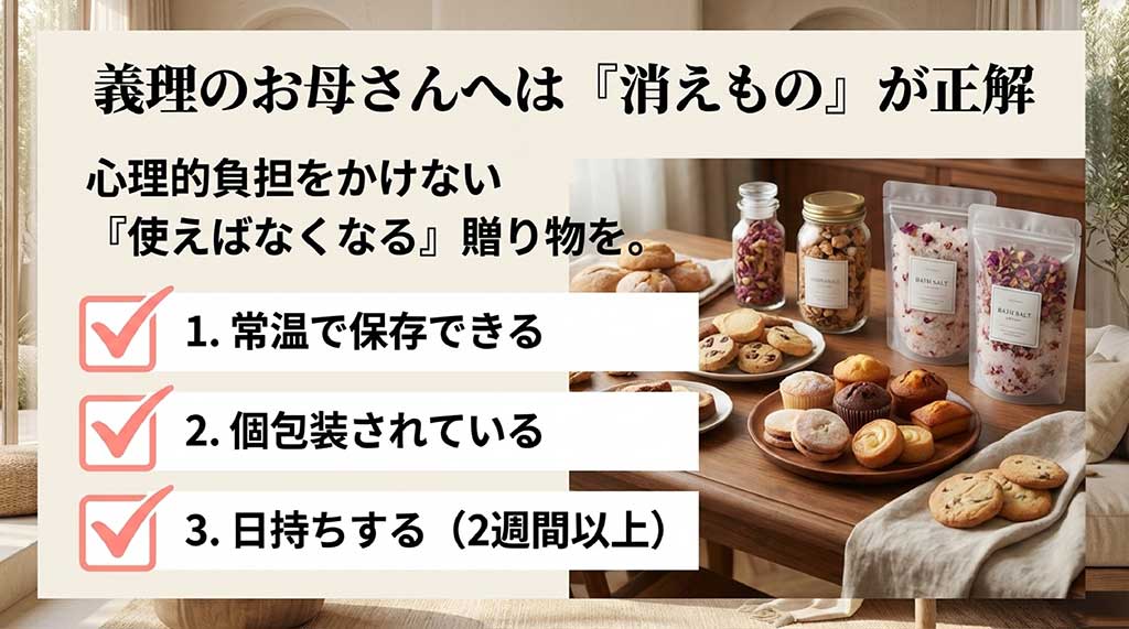 義理のお母さんへ心理的負担をかけない「消えもの」ギフトの選び方。常温保存・個包装・日持ちの3ポイントを解説