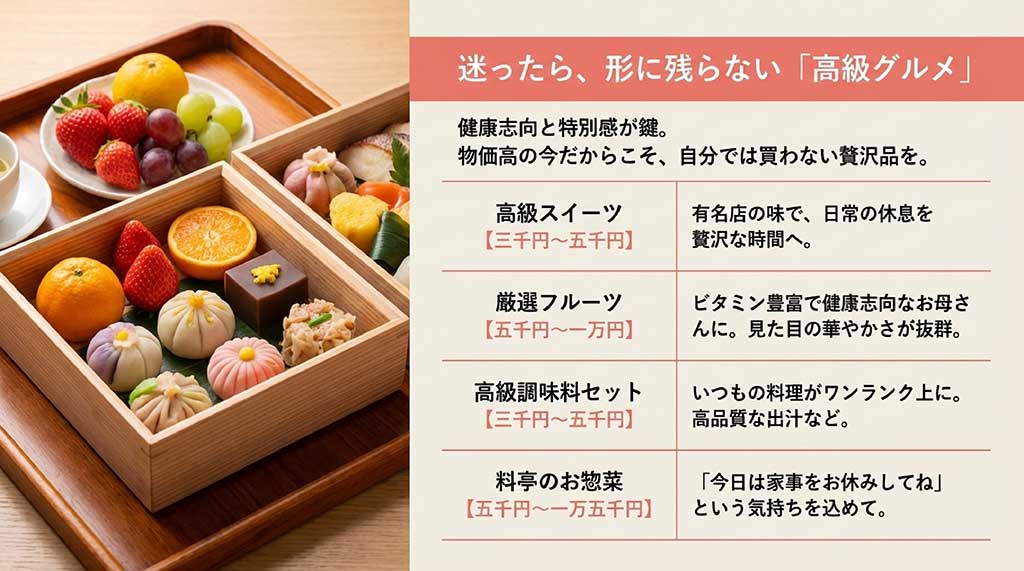 高級スイーツや厳選フルーツ、料亭のお惣菜など、予算別のグルメギフト比較表