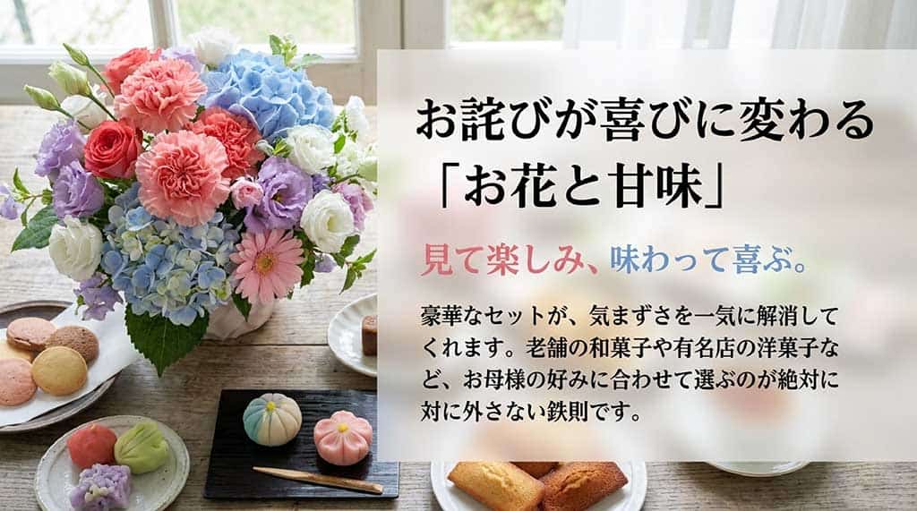 見て楽しみ味わって喜ぶ、老舗和菓子や有名店洋菓子と花のセットの提案