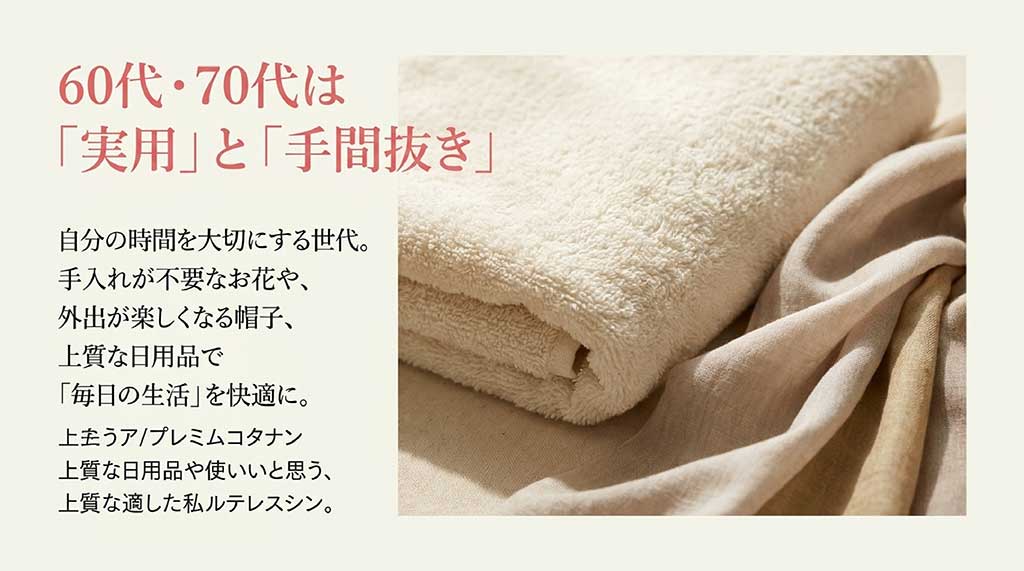 自分の時間を大切にする60代・70代へ、手入れ不要の花や外出が楽しくなる帽子、上質な日用品を提案するスライド