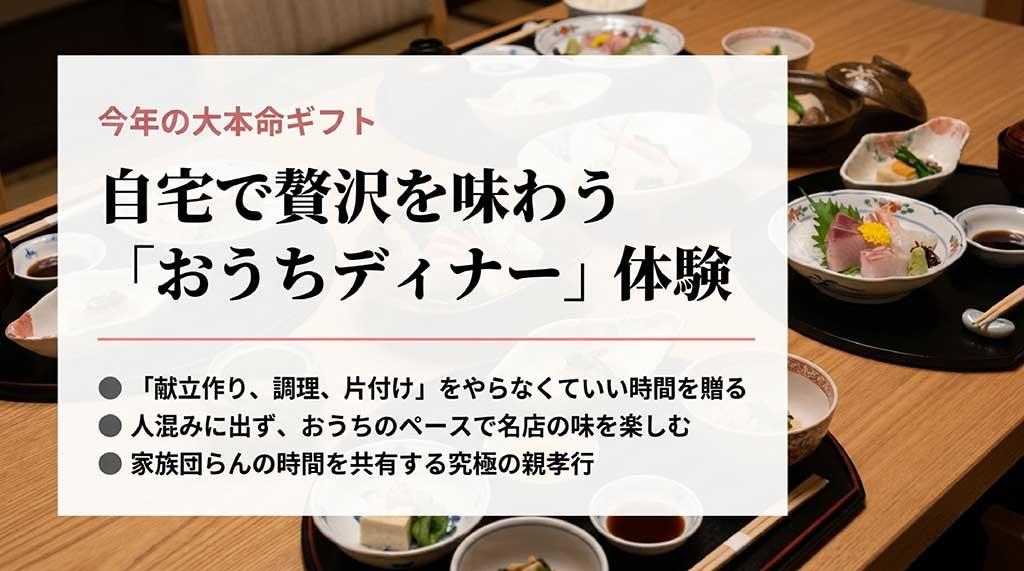 調理や片付けの手間を省き、自宅で名店の味を楽しむ「時間を贈る」ギフトのメリットをまとめたスライド