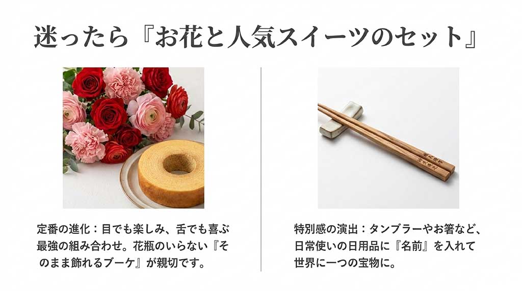 赤やピンクのカーネーションと、しっとりしたバウムクーヘンのセットイメージ