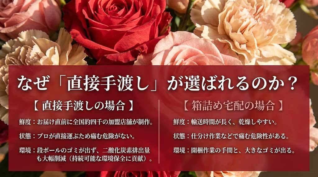 花キューピットの直接手渡し配送と一般的な箱詰め宅配の、鮮度・状態・ゴミの量などの比較
