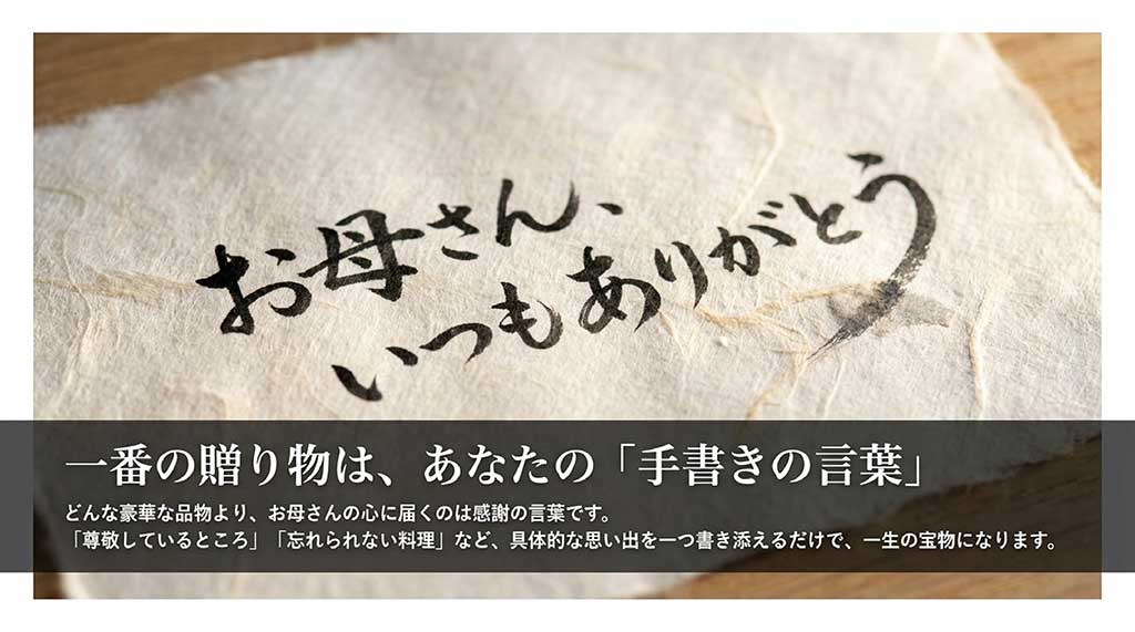 「お母さん、いつもありがとう」と筆文字で書かれた温かみのある手書きメッセージカード