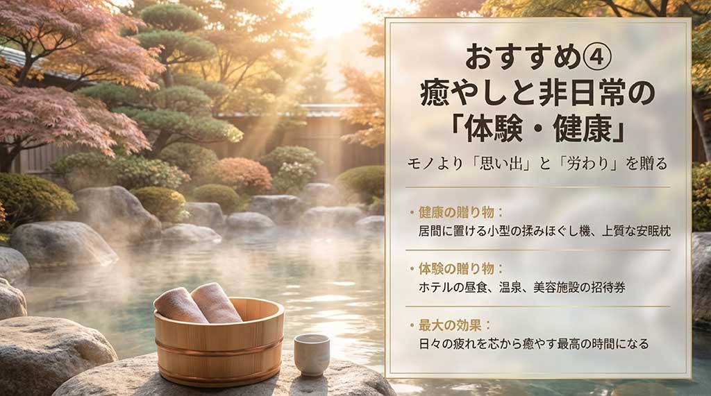 マッサージ機や安眠枕などの健康グッズと、ホテルランチや温泉などの体験ギフトの紹介