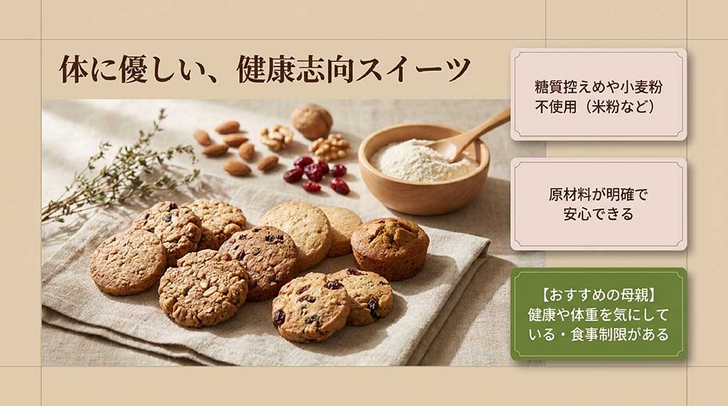 糖質控えめや米粉を使用したグルテンフリーの焼き菓子。健康や体重を気にしているお母さんでも安心して食べられる体に優しいスイーツ