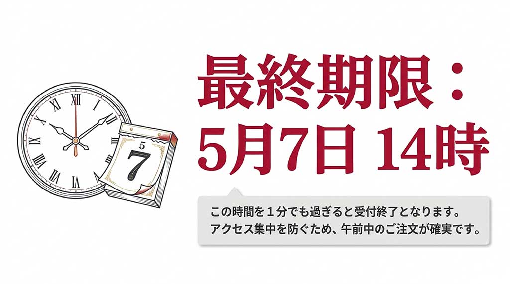 日比谷花壇の2026年母の日注文締切は5月7日14時までであることを示す時計とカレンダーのイラスト
