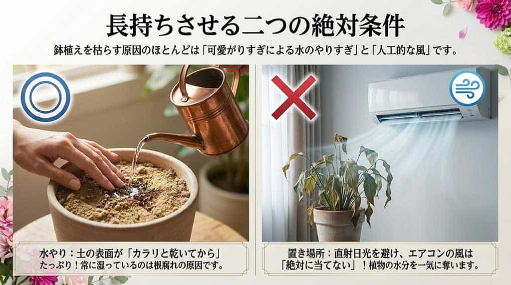 水やり(土が乾いてからたっぷり)と置き場所(エアコンの風を避ける)という、鉢植えを長持ちさせるための2つの鉄則を解説するスライド